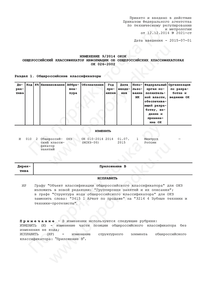 Изменение 9/2014 ОКОК